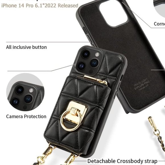 📱 iPhone 14 Pro Case Wallet Card Holder 360 Ring, Stand, Leather, Crossbody NWT - Picture 5 of 6